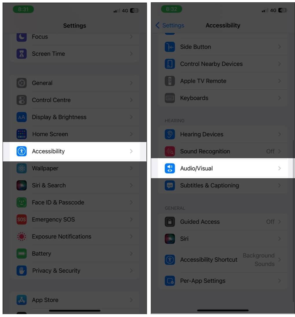 Tap on Accessiblity and Audio visual on iPhone