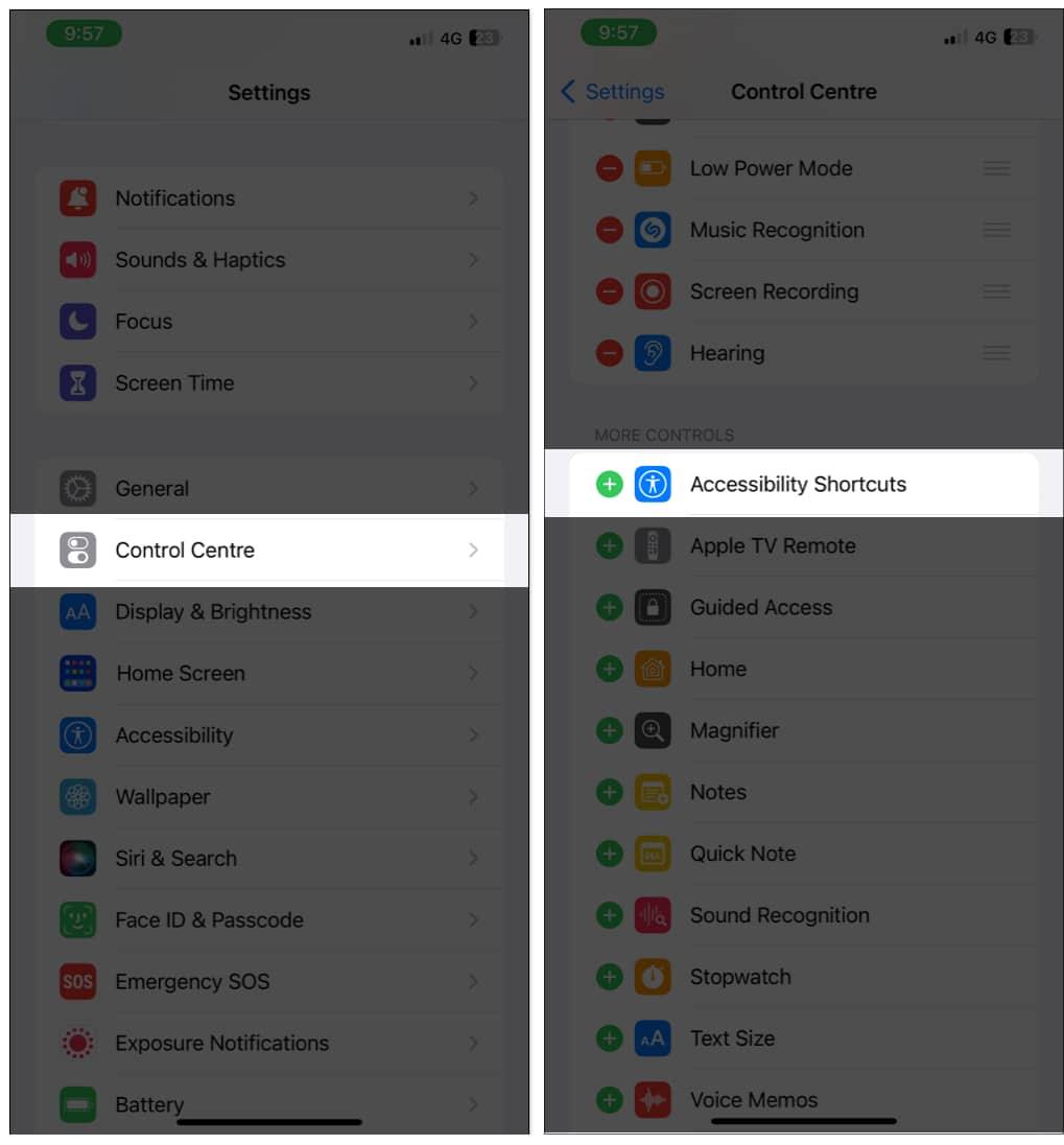 Tap on Control Centre and Accessiblity Shortcuts on iPhone