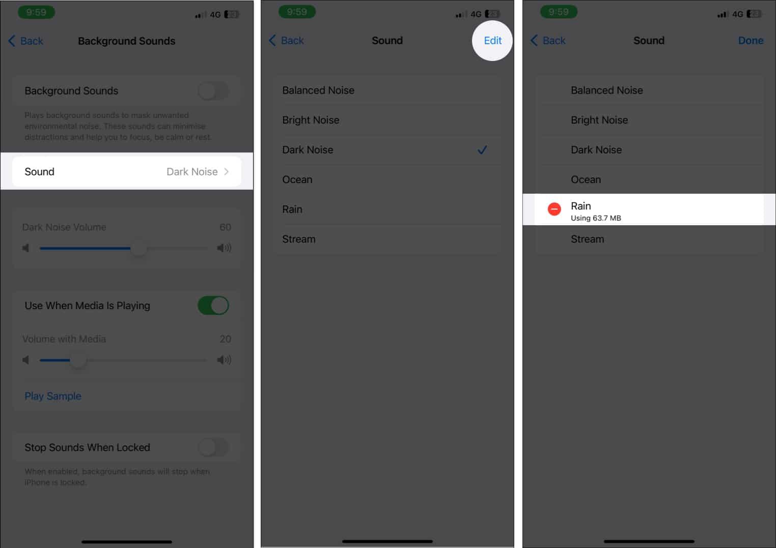 Tap on Sound and Edit, and Red icon on iPhone