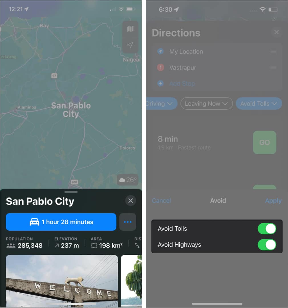 Avoid highways and tolls in apple maps