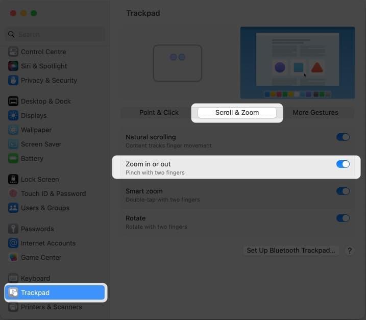 Click Trackpad, click Scroll & Zoom tab, Ensure that Zoom in or out is toggled On on Mac