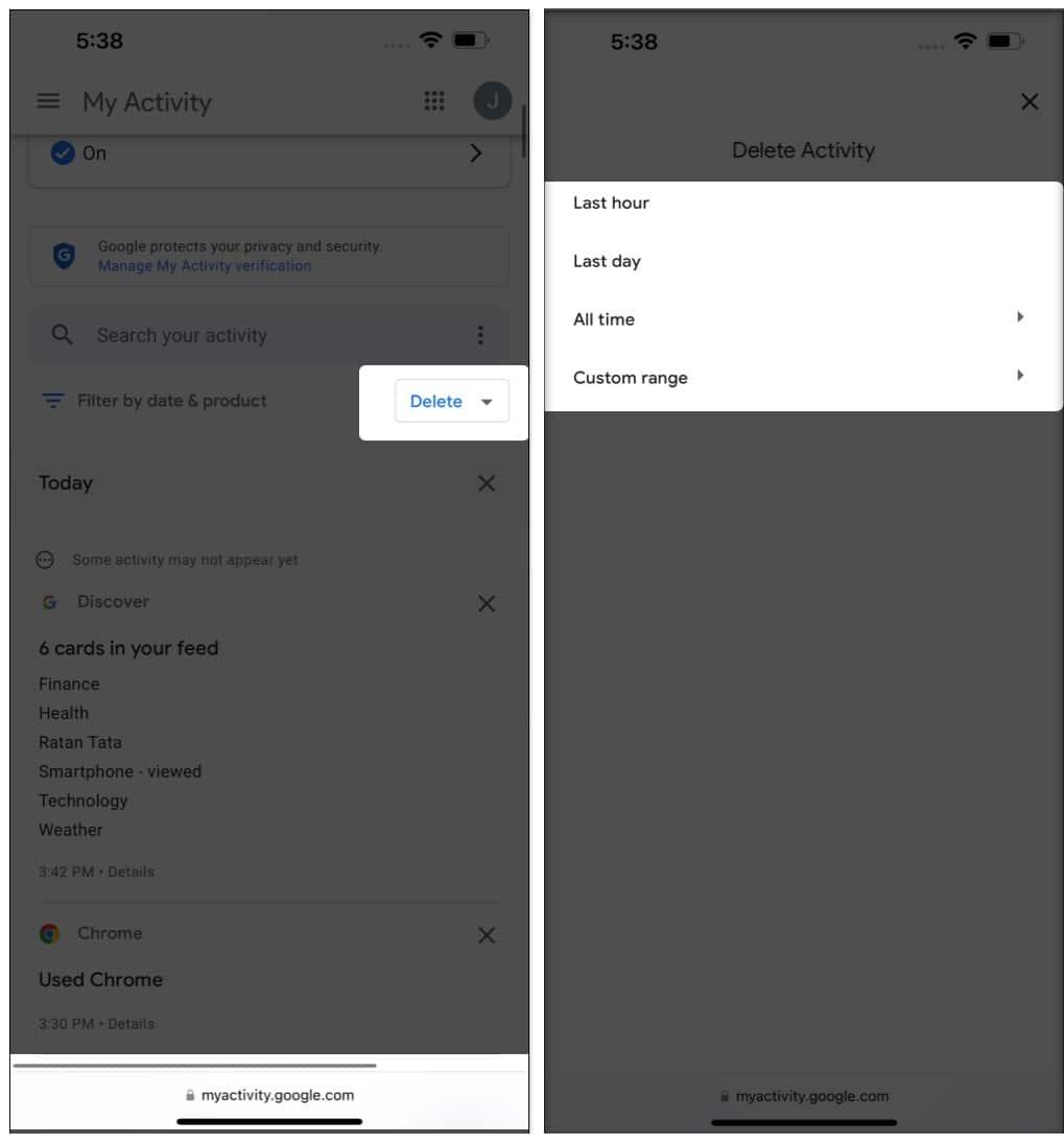 Delete Google web and app activity on iPhone