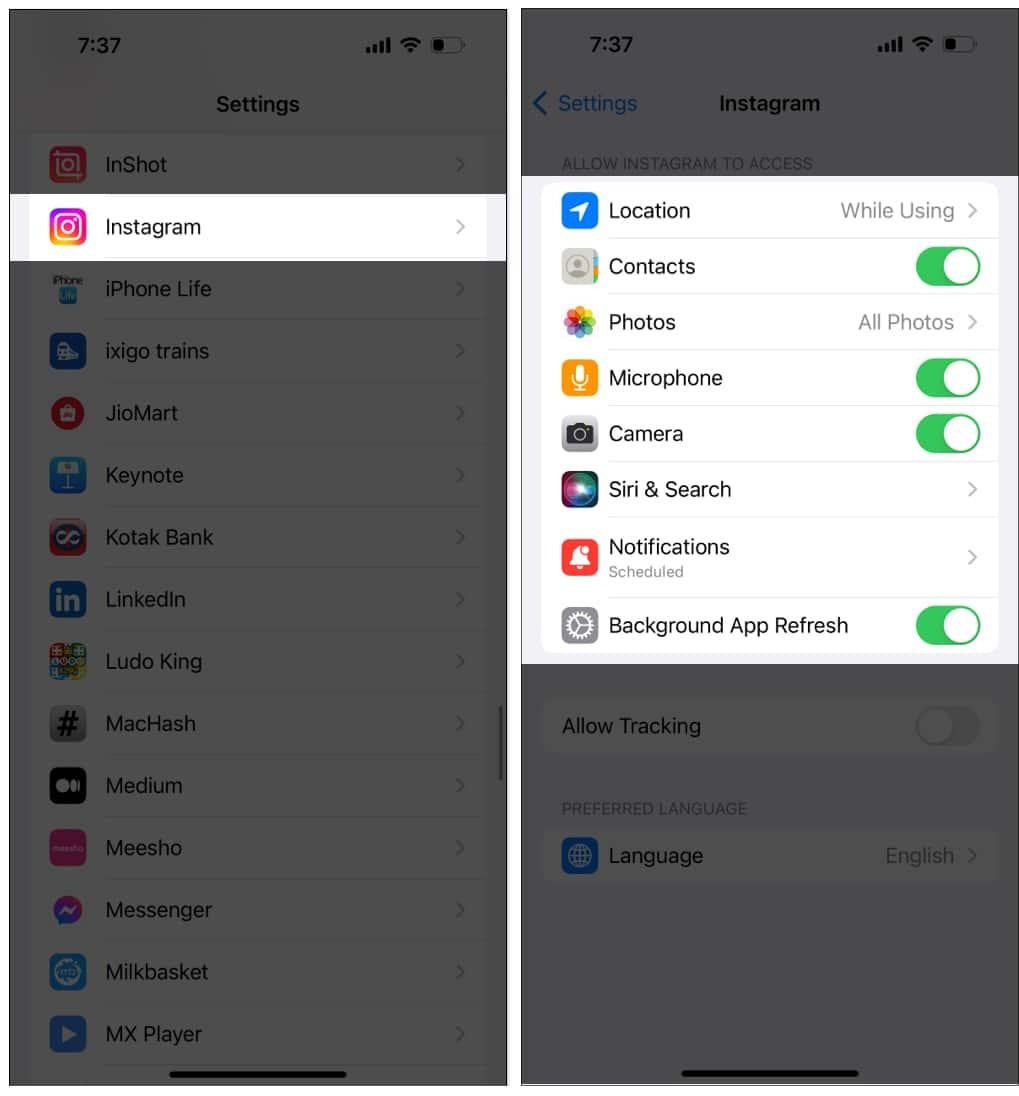 Grant Instagram app permission on iPhone