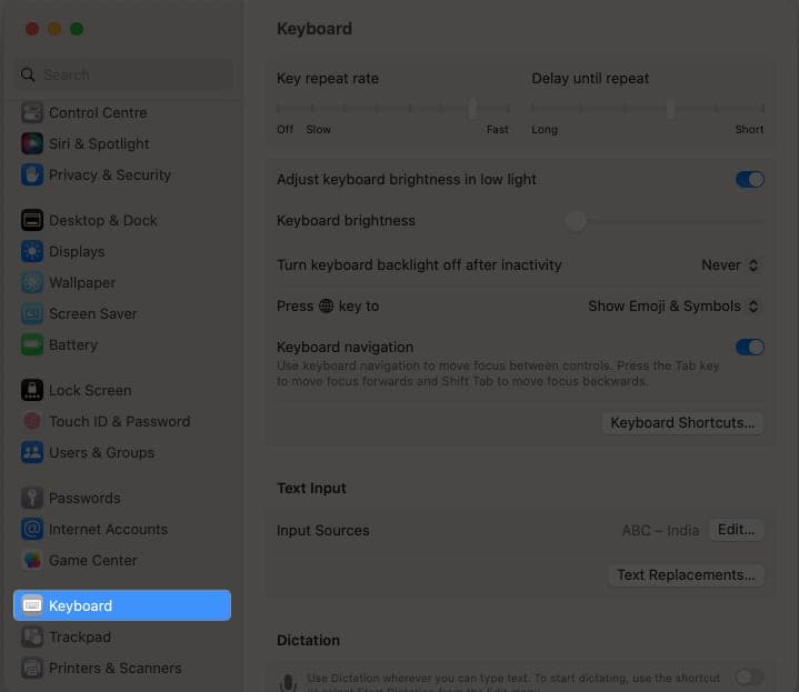 Keyboard menu in the sidebar