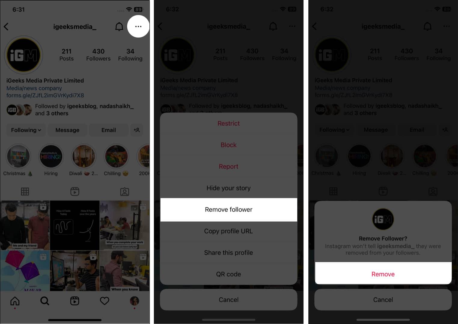 Remove an unwanted follower directly from their profile on Instagram