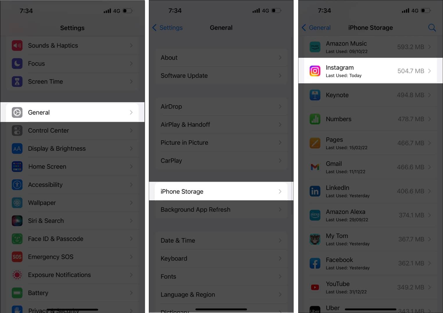 Tap on General, iPhone Storage, Instagram