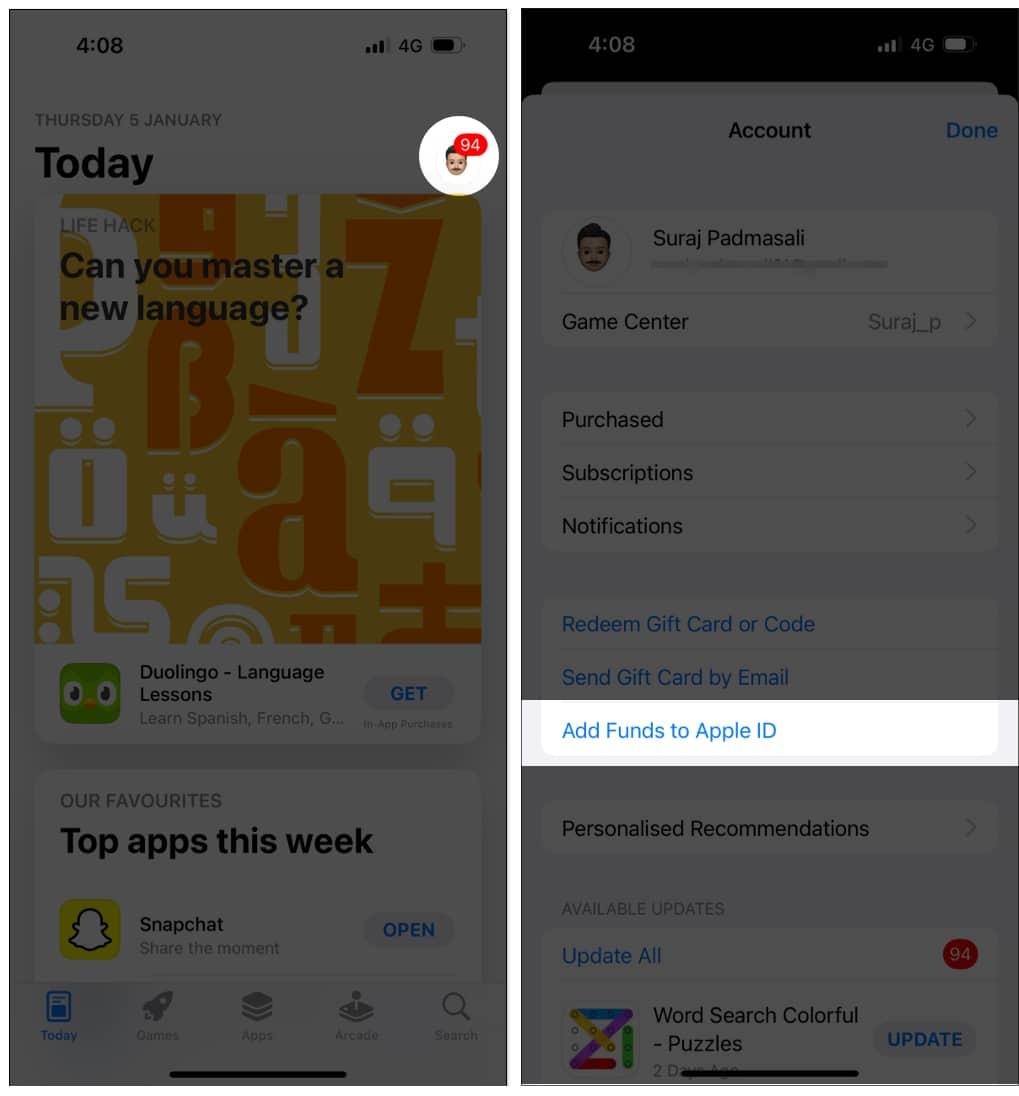 Tap on Profile and Add Funds to Apple ID in App Store on iPhone