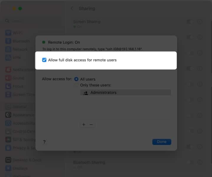 macOS Monterey or earlier, check the box next to Allow full disk access for remote users