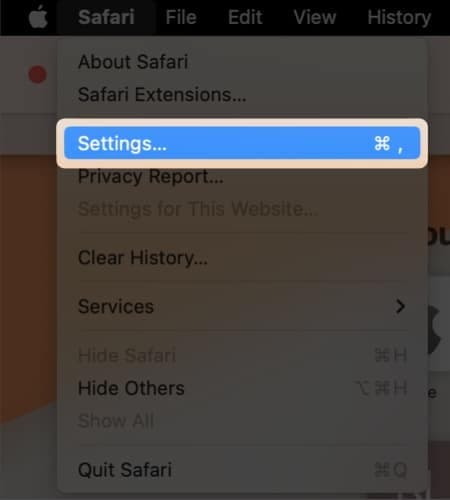 menu bar, click Safari, Select Settings on Mac