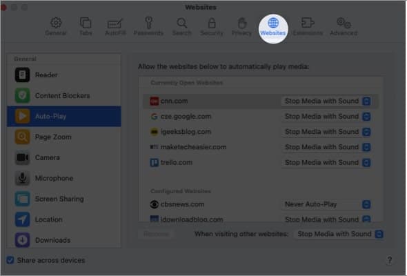 Go to the Websites tab in the pop-up window
