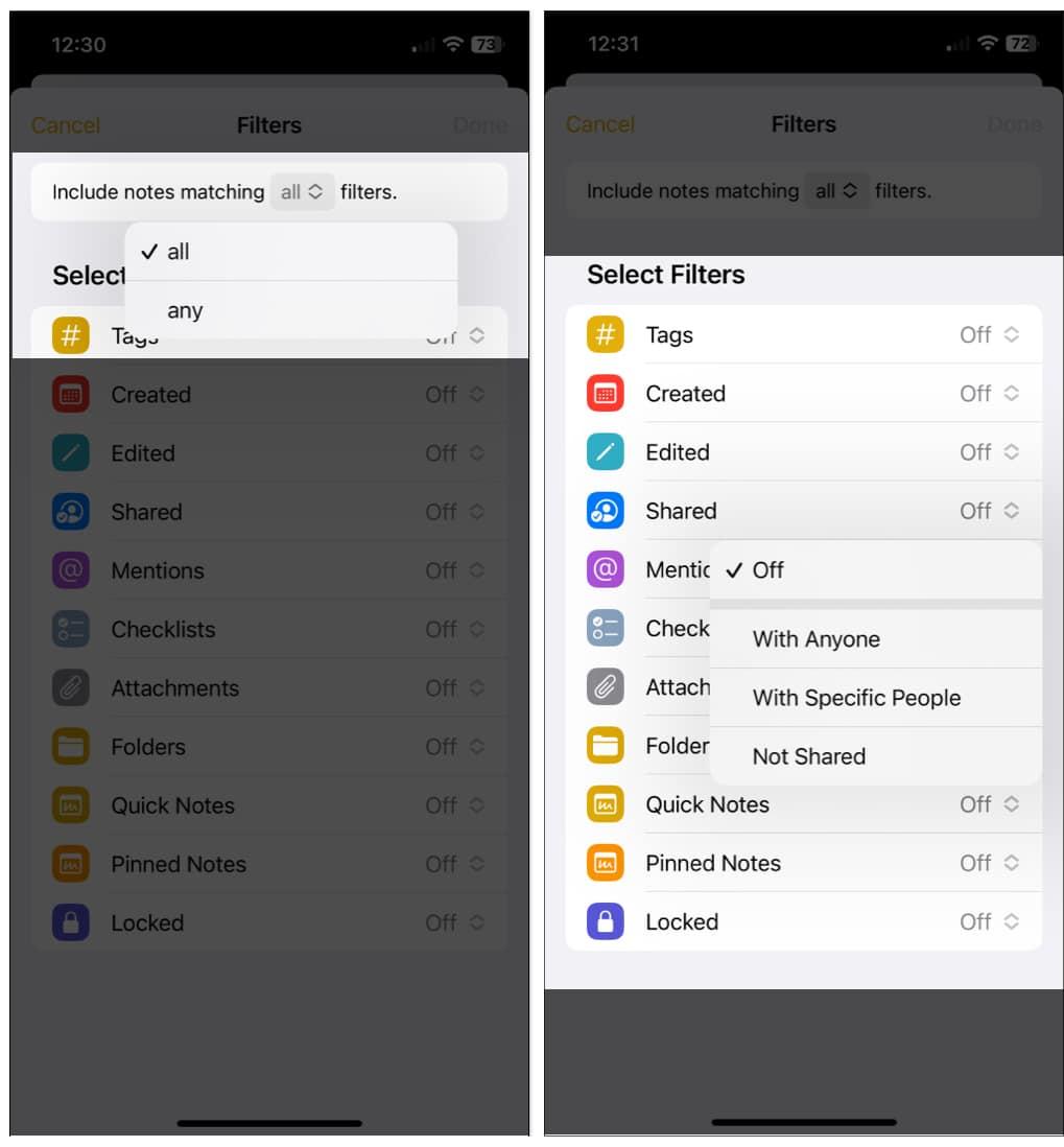 Pick All or Any depending in Notes Filters on iPhone