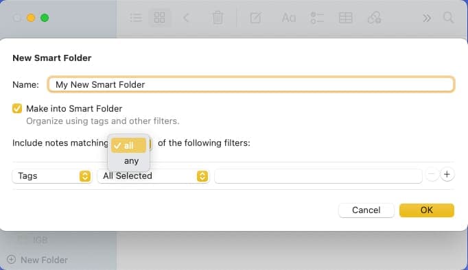Pick All or Any in New Smart Folder on Mac