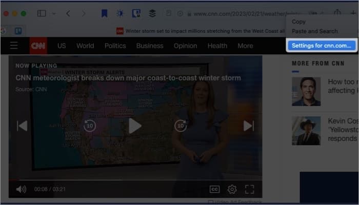 Right-click or hold Control, pick Settings for website
