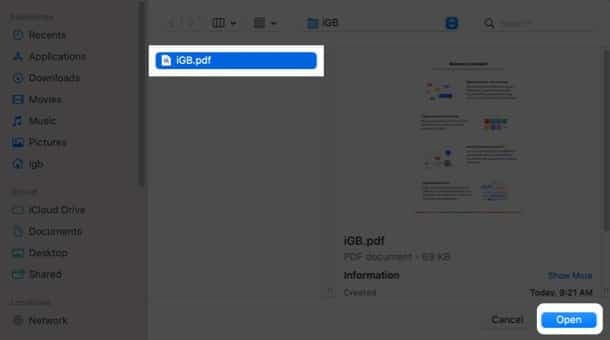 Select PDF, Open, Open