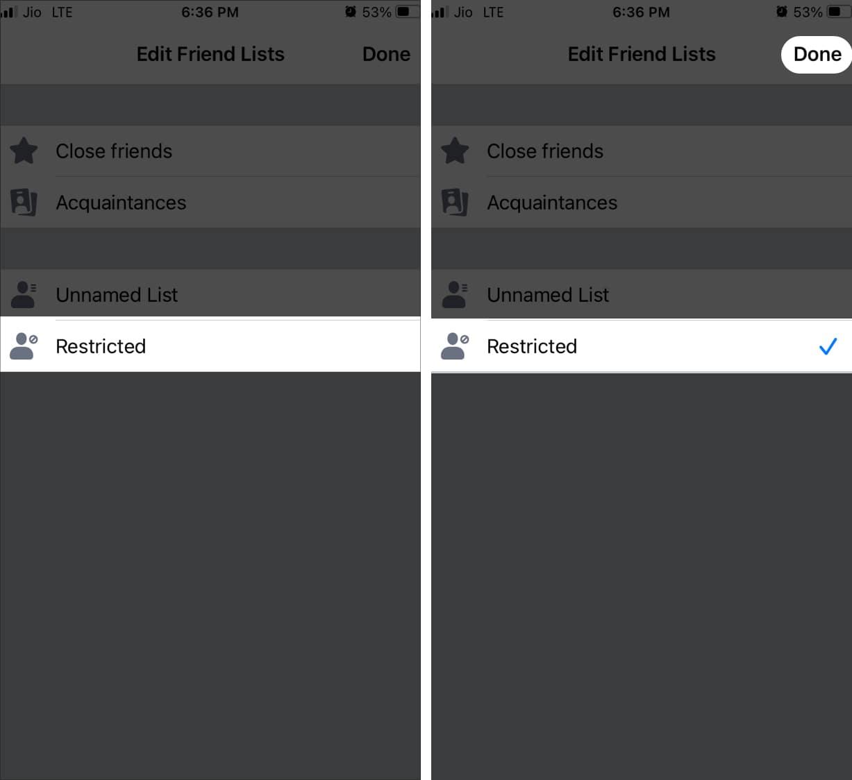 Tap Restricted and check off Restricted and tap Done in Facebook iOS app