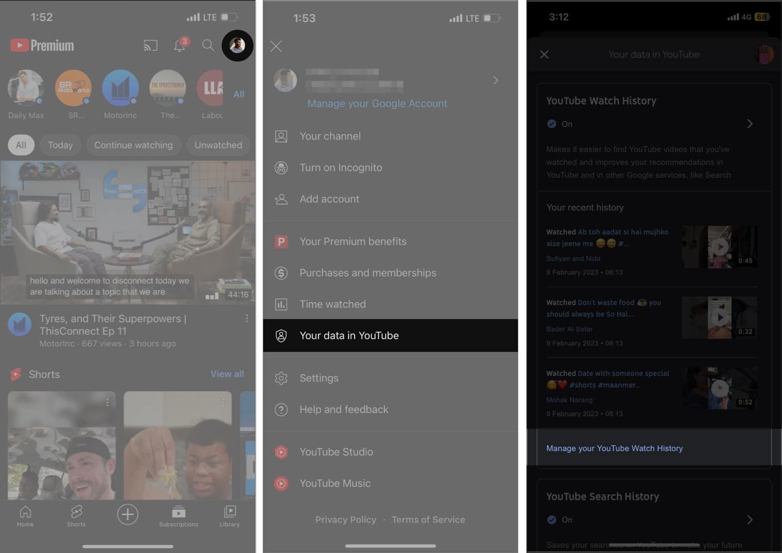 stop YouTube from tracking Watch History, open youtube app, tap on profile, tap Your data in YouTube, tap Manage your YouTube Watch History