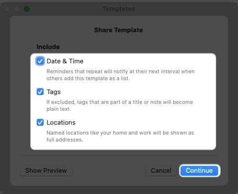Check box next to Date and Time, Tags, Locations and Click Continue on Mac