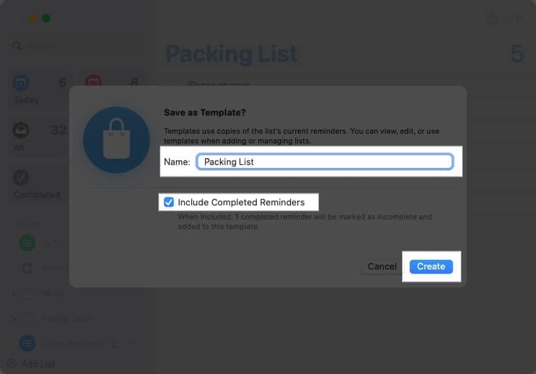 Check the box for Include Completed Reminders, Create on Mac