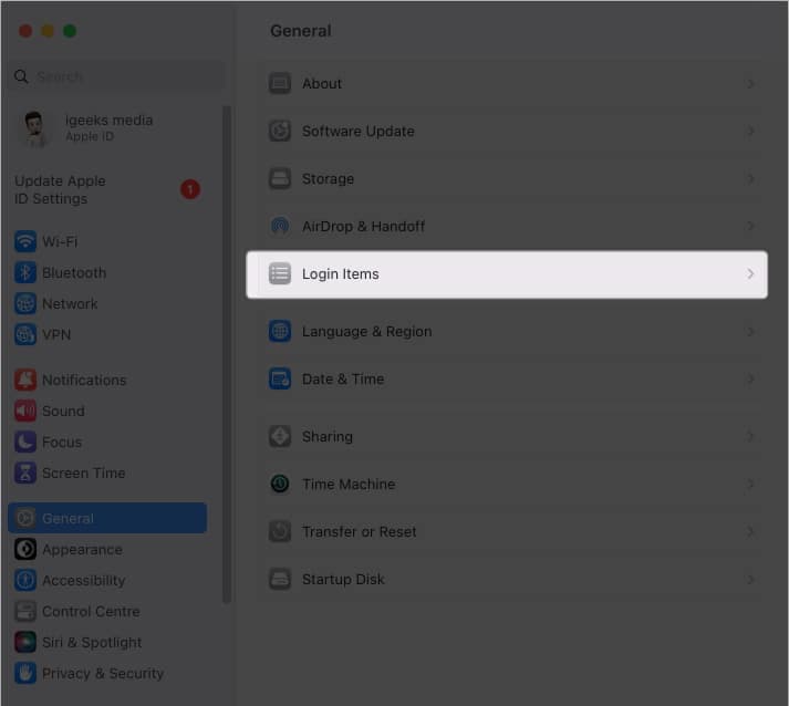 Click Login Items in Mac Settings