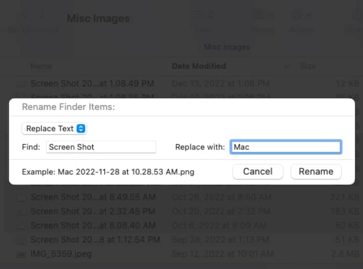 Replace text to batch rename file on Mac