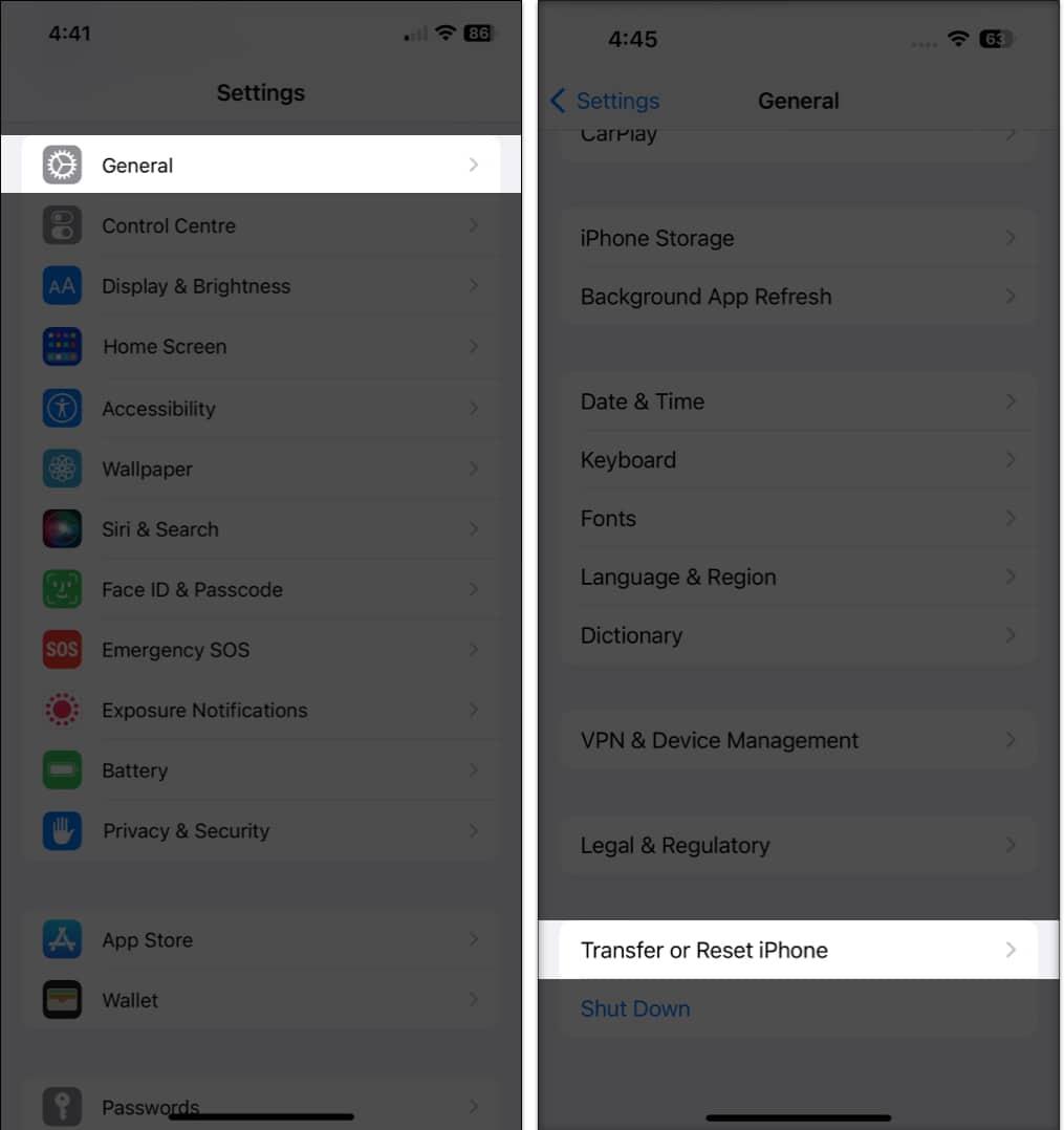 Transfer or Reset iPhone option in the iPhone Settings app.