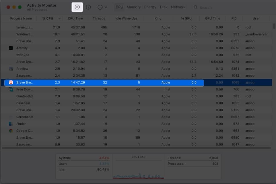 Select browser and click x