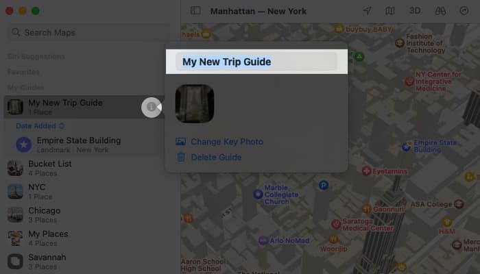 To rename the Guide or change the key photo, click the Info icon