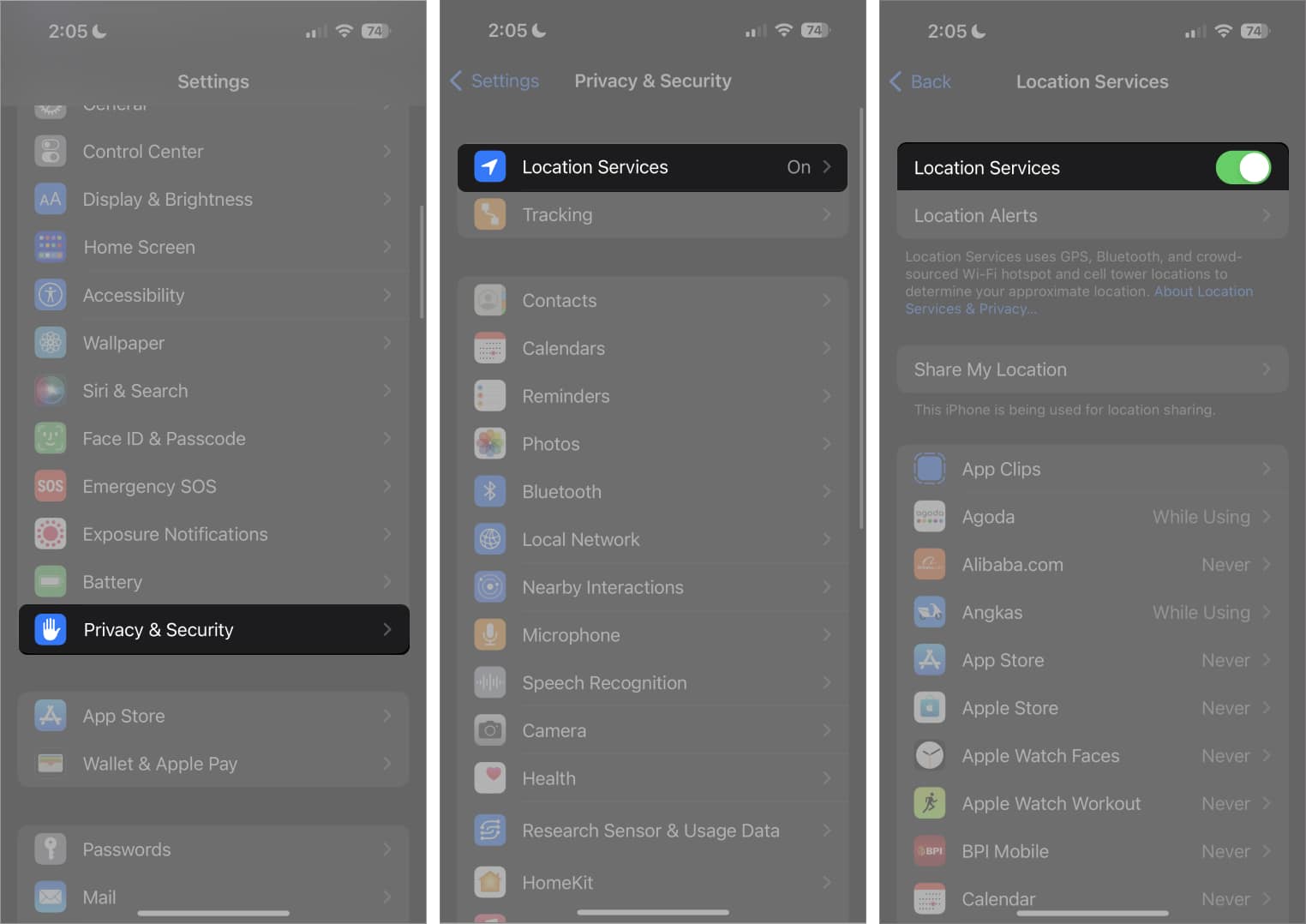 Toggle on location services on iphone