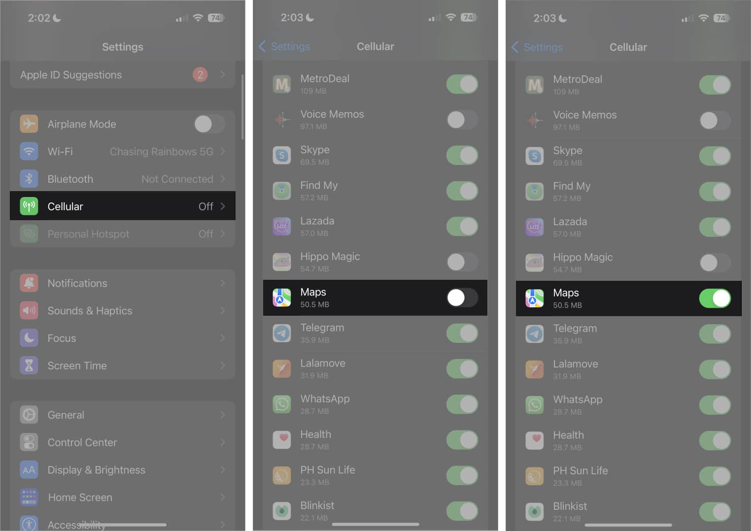 Toggle on maps from iphones settings app