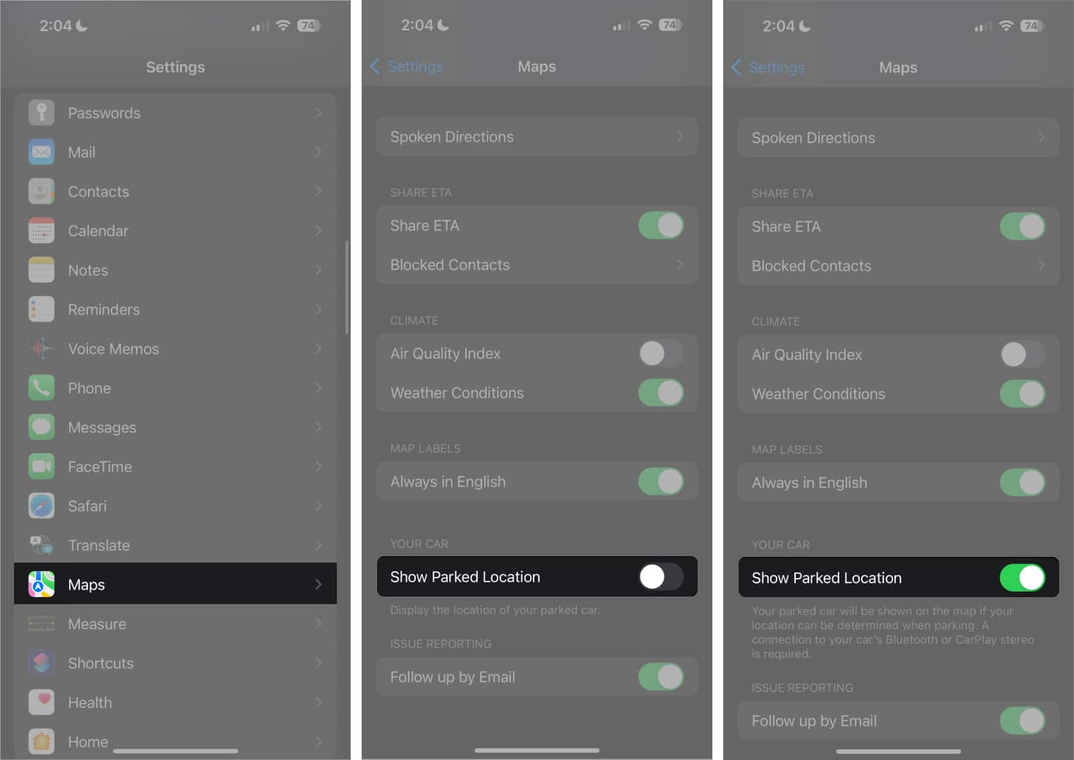 Toggle on show parked location on iphone