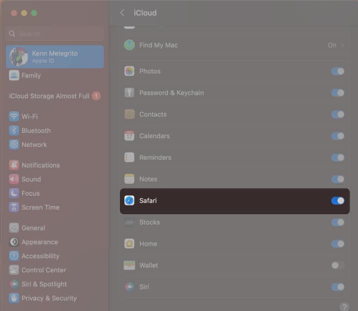 Turn ON Safari in iCloud on Mac