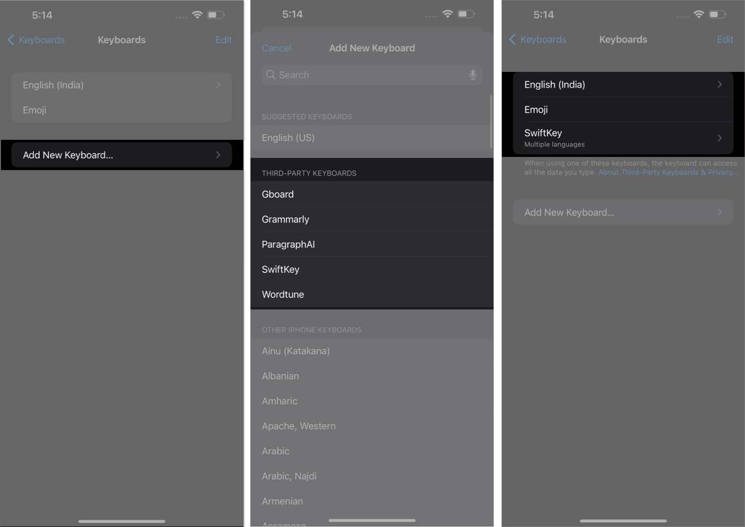 Add new keyboard, select your desired keyboard, start using the keyboard in settings app