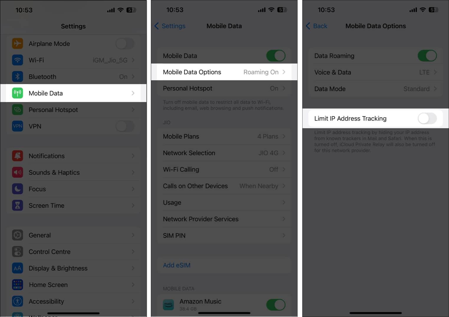 Choose Cellular Data, pick Mobile Data Options, and toggle off Limit IP Address Tracking