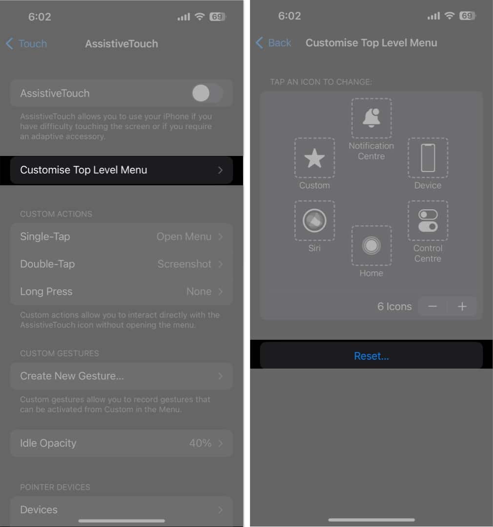 Customize top level menu, choose reset option in Accessibility