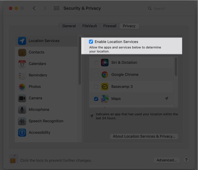 Enable Location Services in macOS Monterey