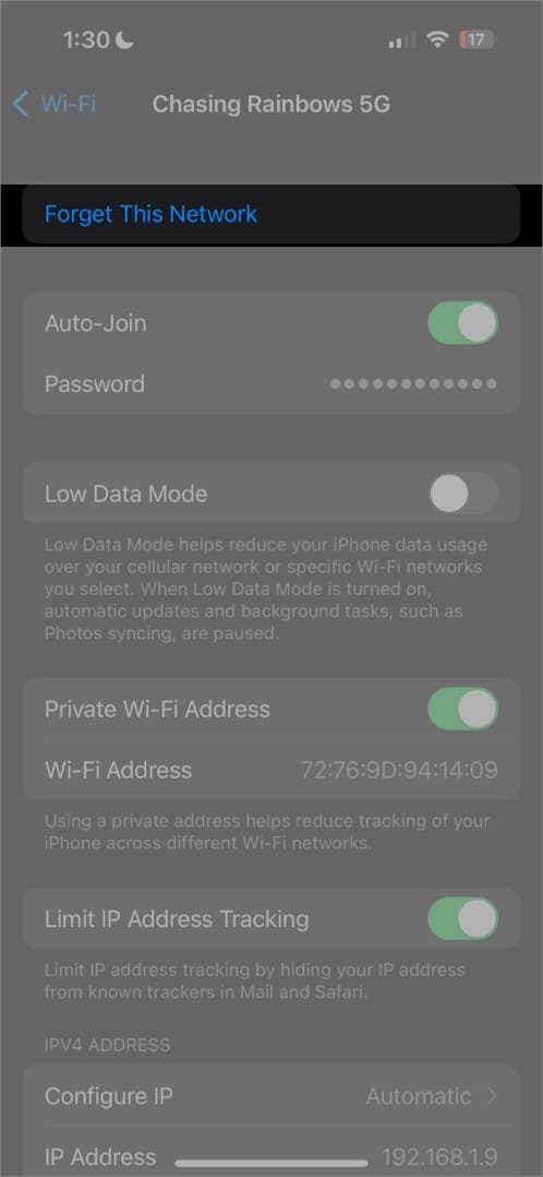 Forget this network in Wi-Fi Settings