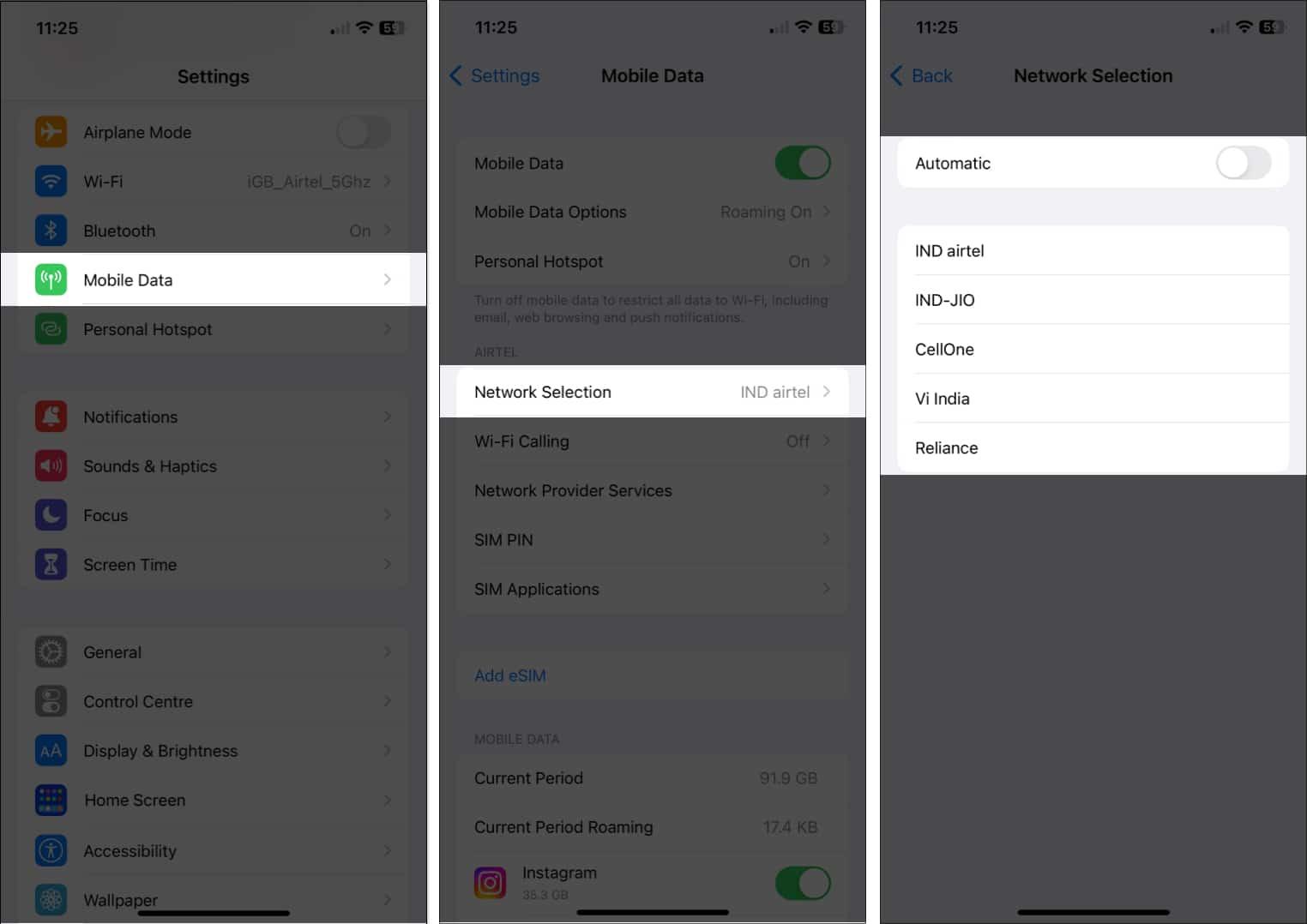 Go to Settings, choose Cellular Data, tap Network Selection, and toggle off Automatic