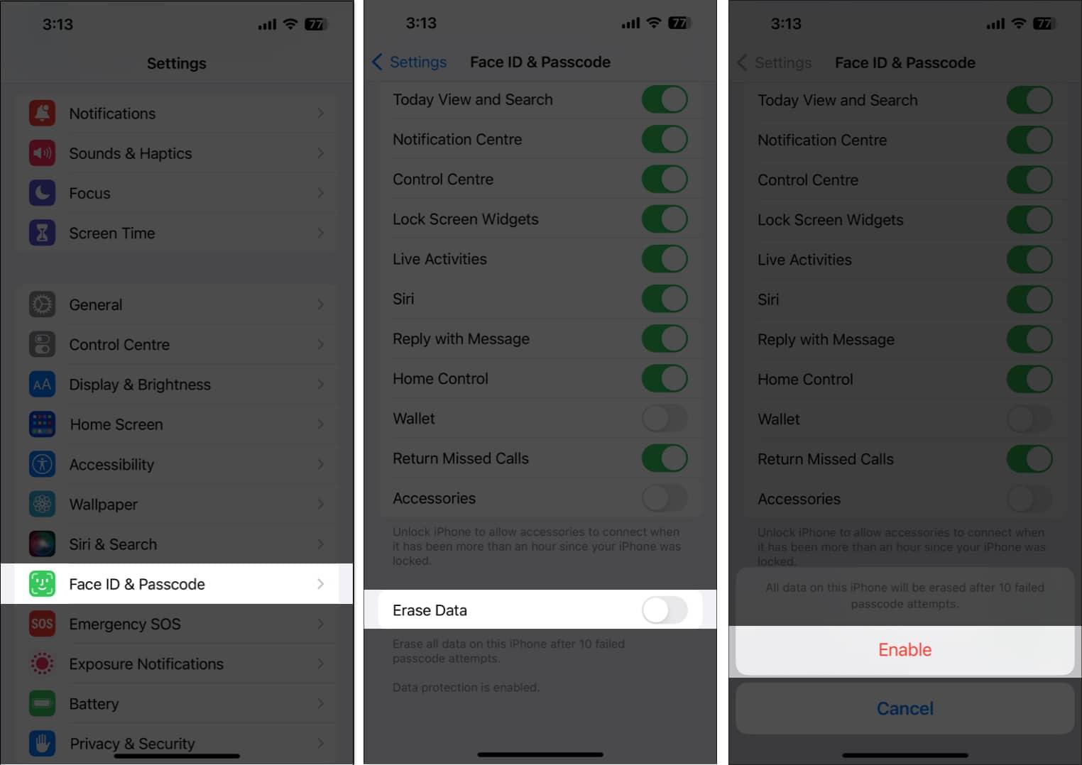 Turning on the Erase Data feature on an iPhone.
