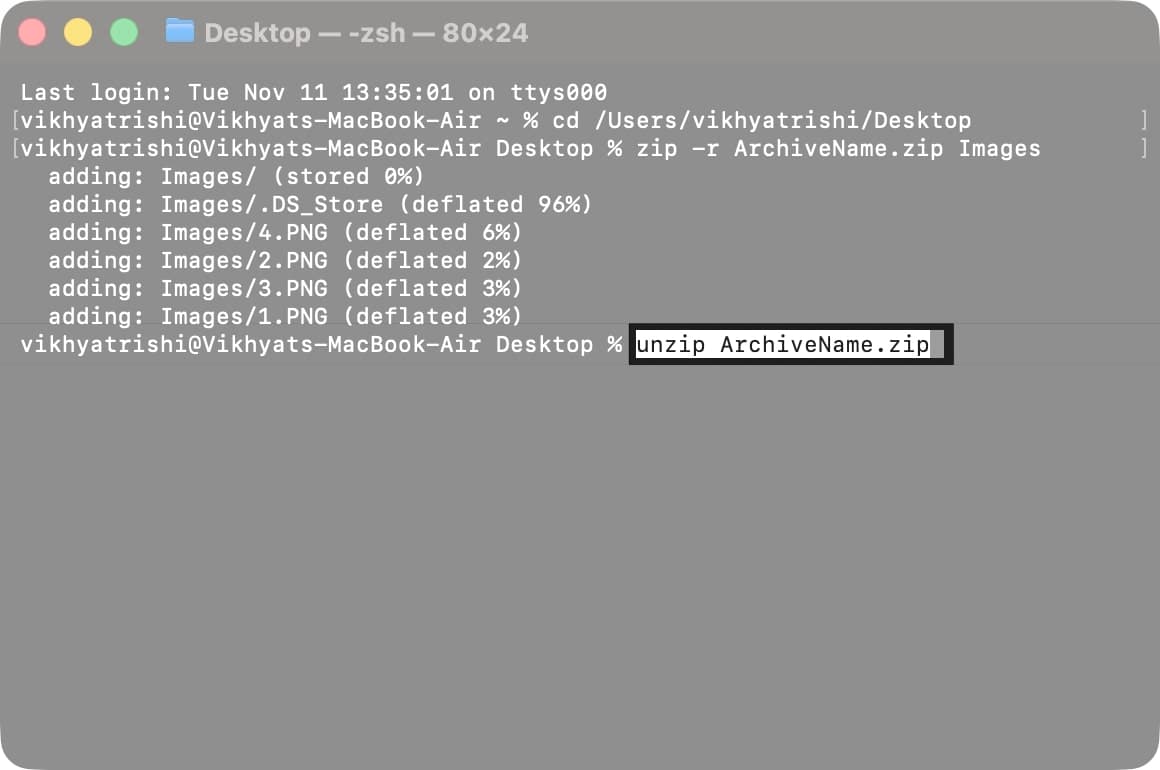 Open Terminal, enter the command unzip ArchiveNamezip