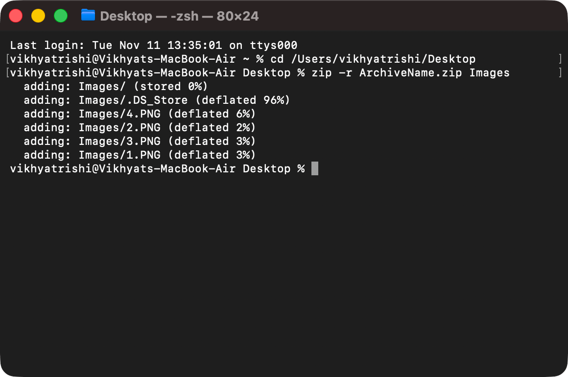 Press Return and Terminal will create the ZIP file