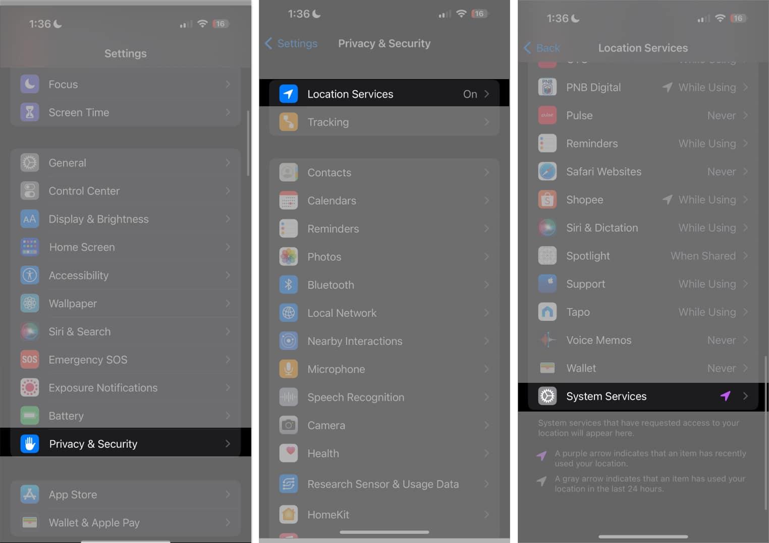 Privacy and security, location services in settings