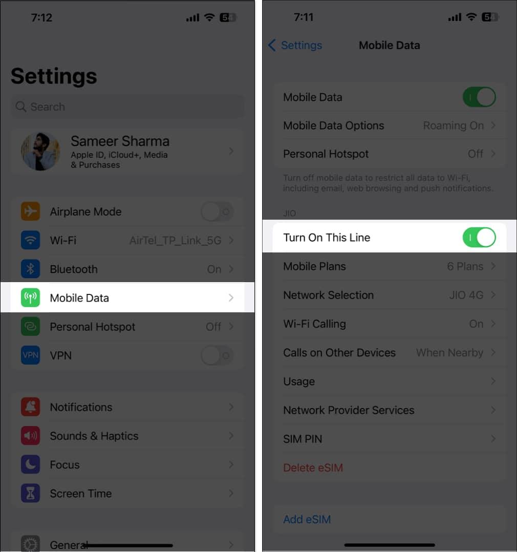 Select Cellular Data, choose eSIM network, and toggle off or on Turn On This Line