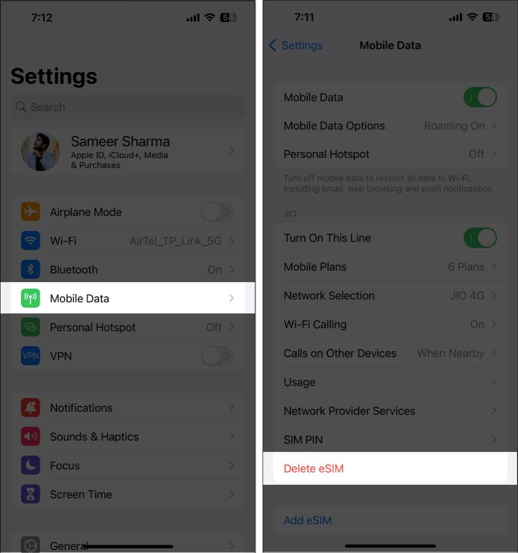 Select Cellular Data, choose your eSIM, and tap Remove Cellular Plan
