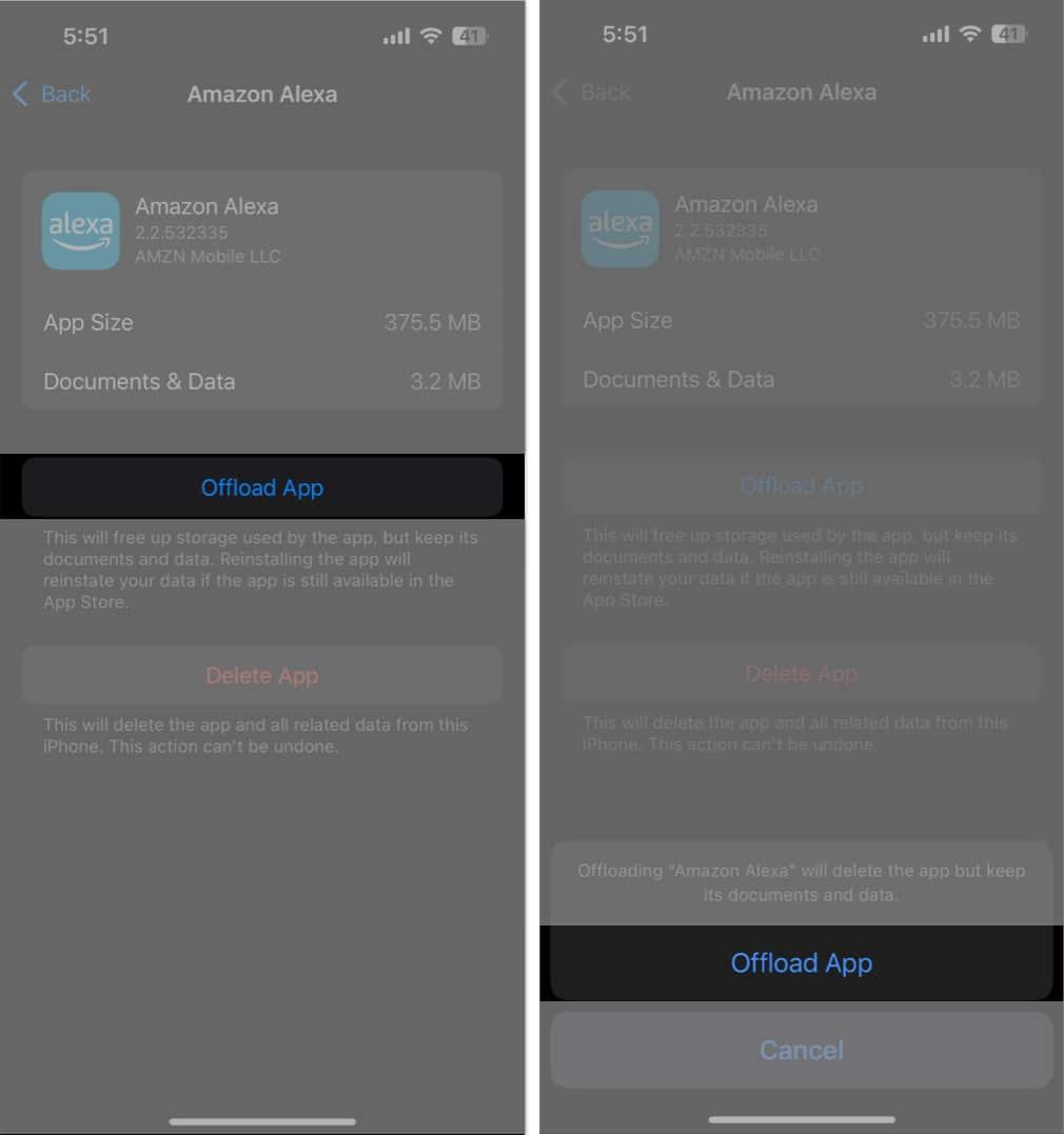 Tap Offload app, offload app in the settings app