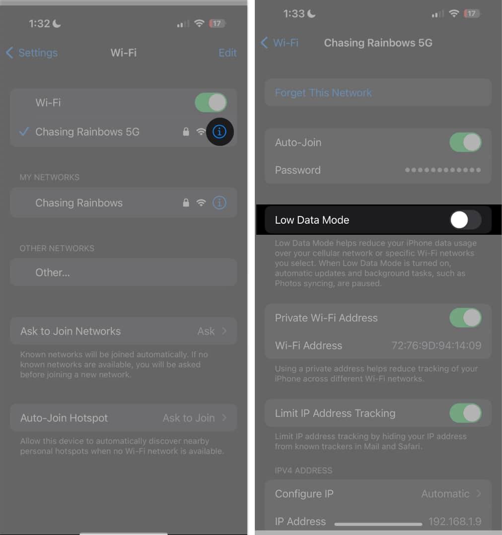 Tap info icon, toggle off low data mode in wi-fi settings