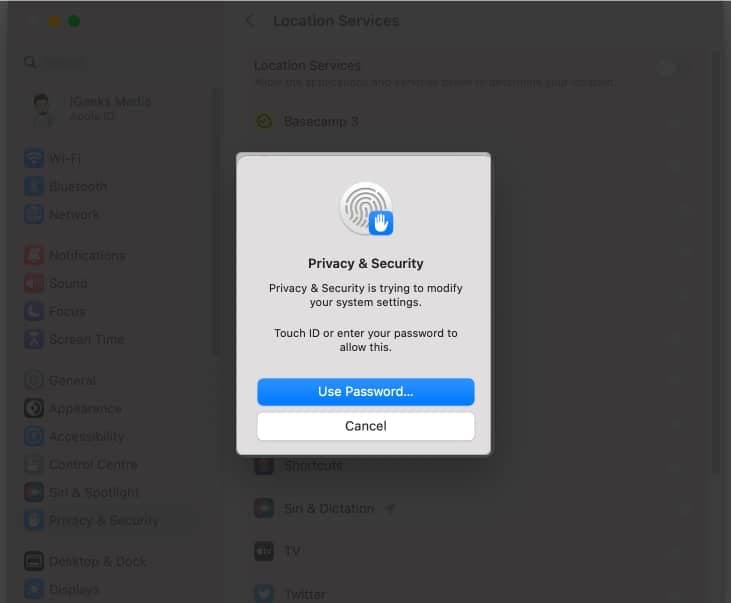 Use Password to enable Location Services on Mac