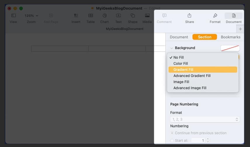 click the palette button and choose a color for the document background