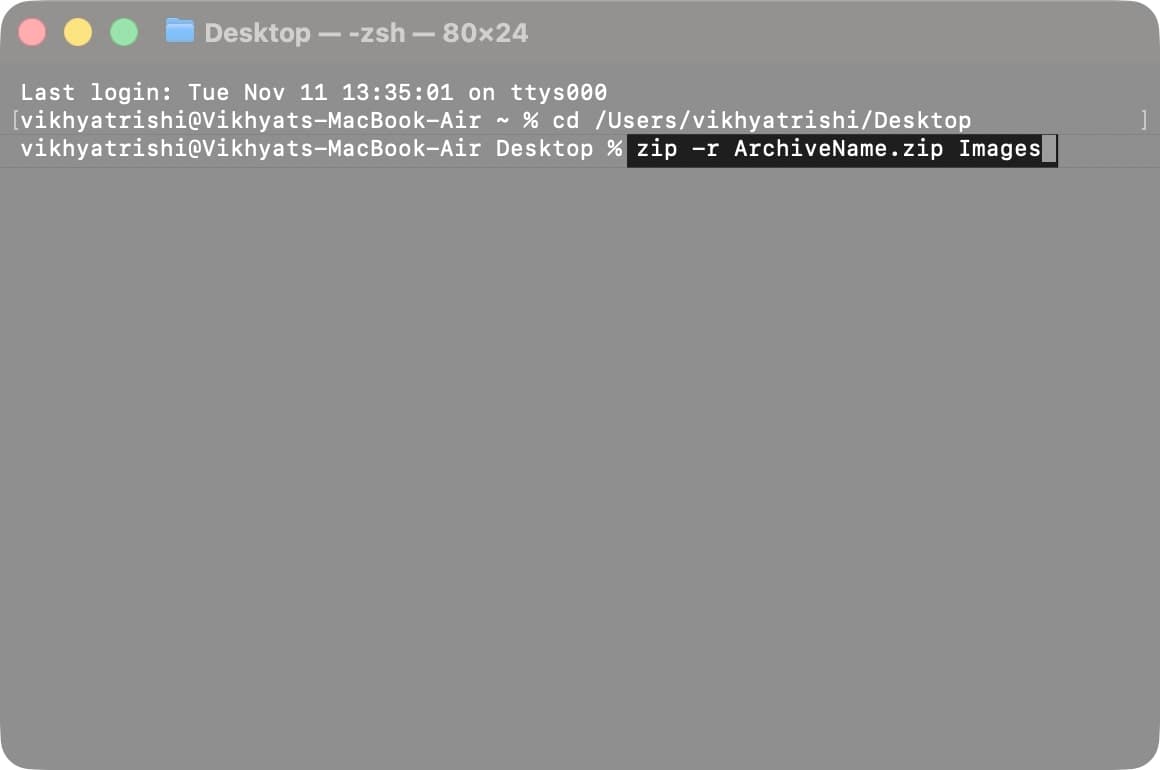 type the code zip -r ArchiveName.zip FolderName