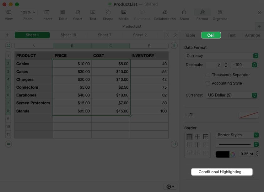Click cell, conditional highlight in numbers
