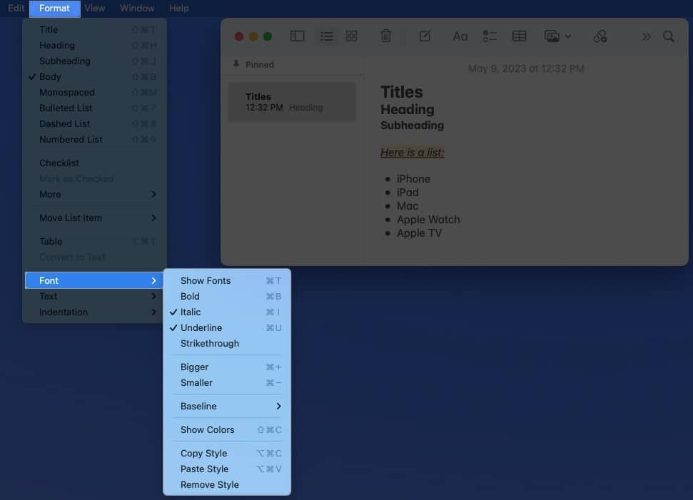 Click format, font, select a style from menu bar